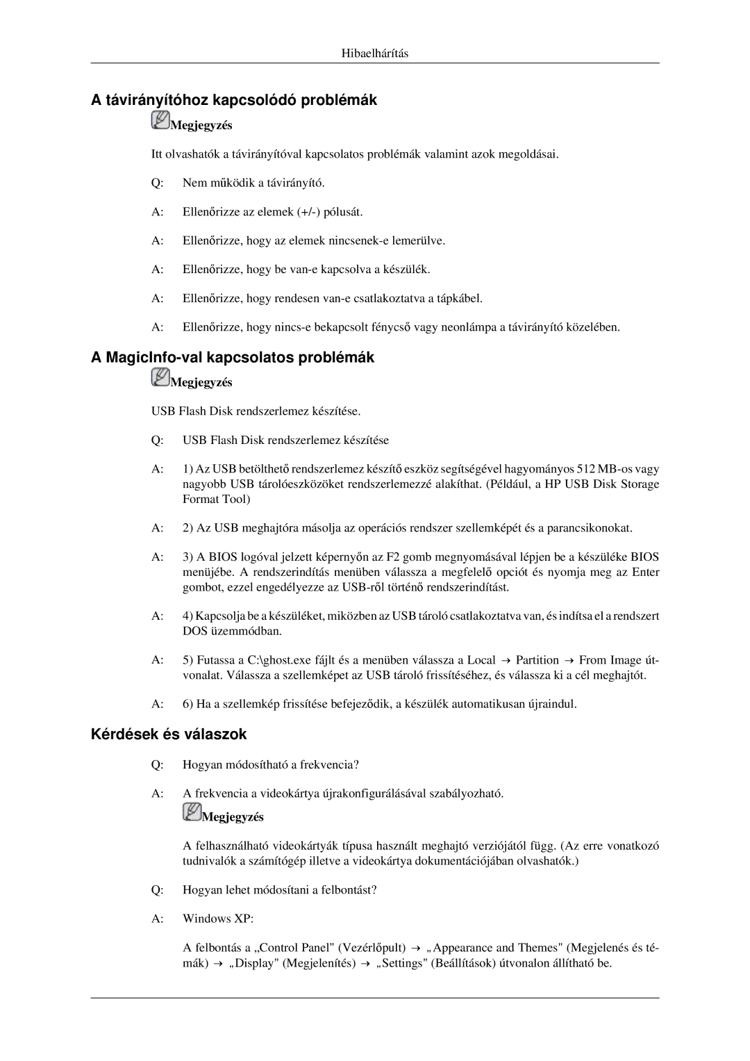 Samsung LH52BPTLBC/EN manual Távirányítóhoz kapcsolódó problémák, MagicInfo-val kapcsolatos problémák, Kérdések és válaszok 