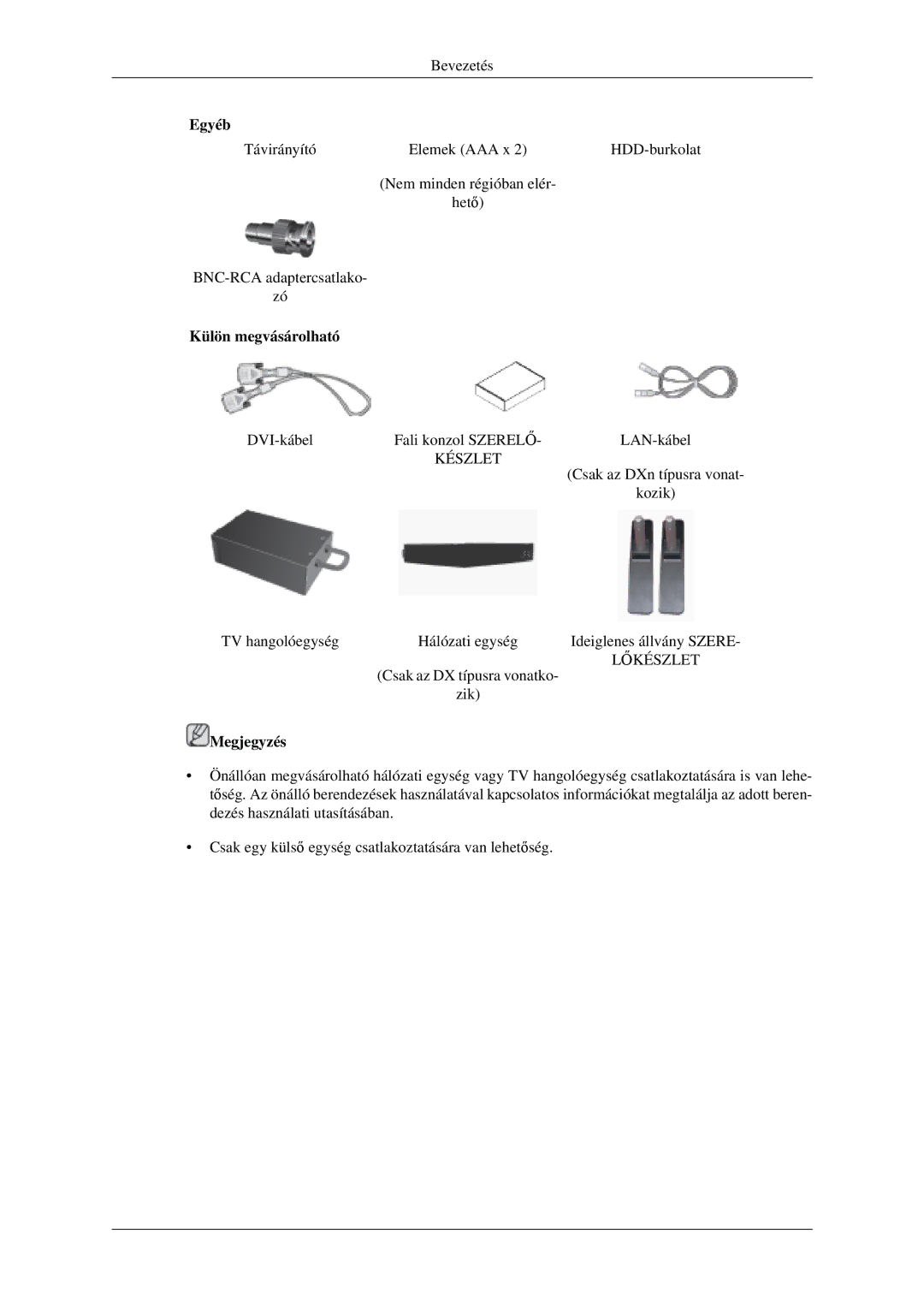 Samsung LH52BPPLBC/EN, LH52BPTLBC/EN manual Külön megvásárolható, Készlet 