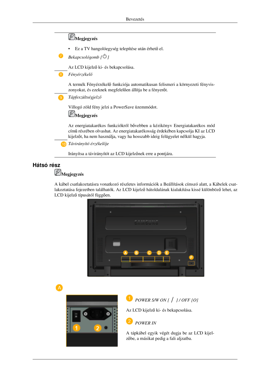 Samsung LH52BPPLBC/EN, LH52BPTLBC/EN manual Hátsó rész, Power 