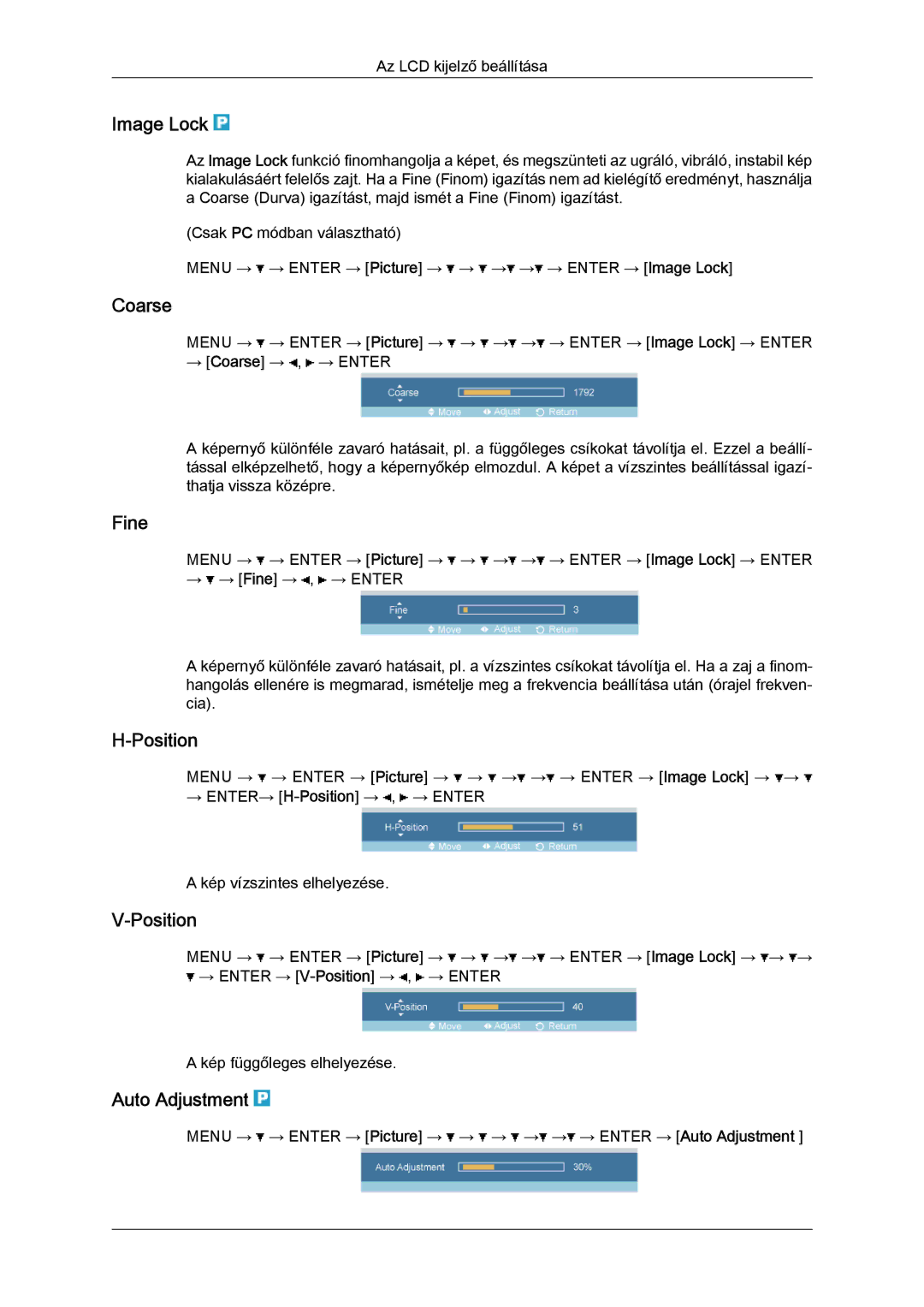 Samsung LH52BPPLBC/EN, LH52BPTLBC/EN manual Image Lock, Coarse, Fine, Position, Auto Adjustment 