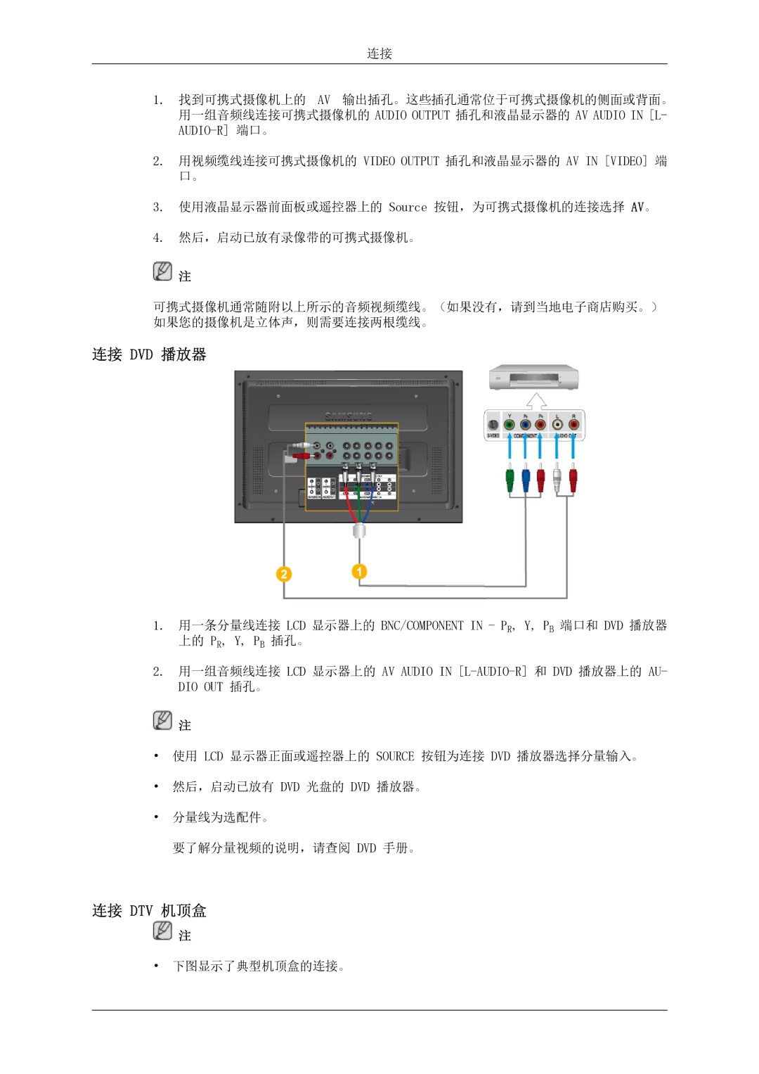 Samsung LH52BPTLBC/EN, LH52BPPLBC/EN manual 连接 Dvd 播放器, 连接 Dtv 机顶盒 