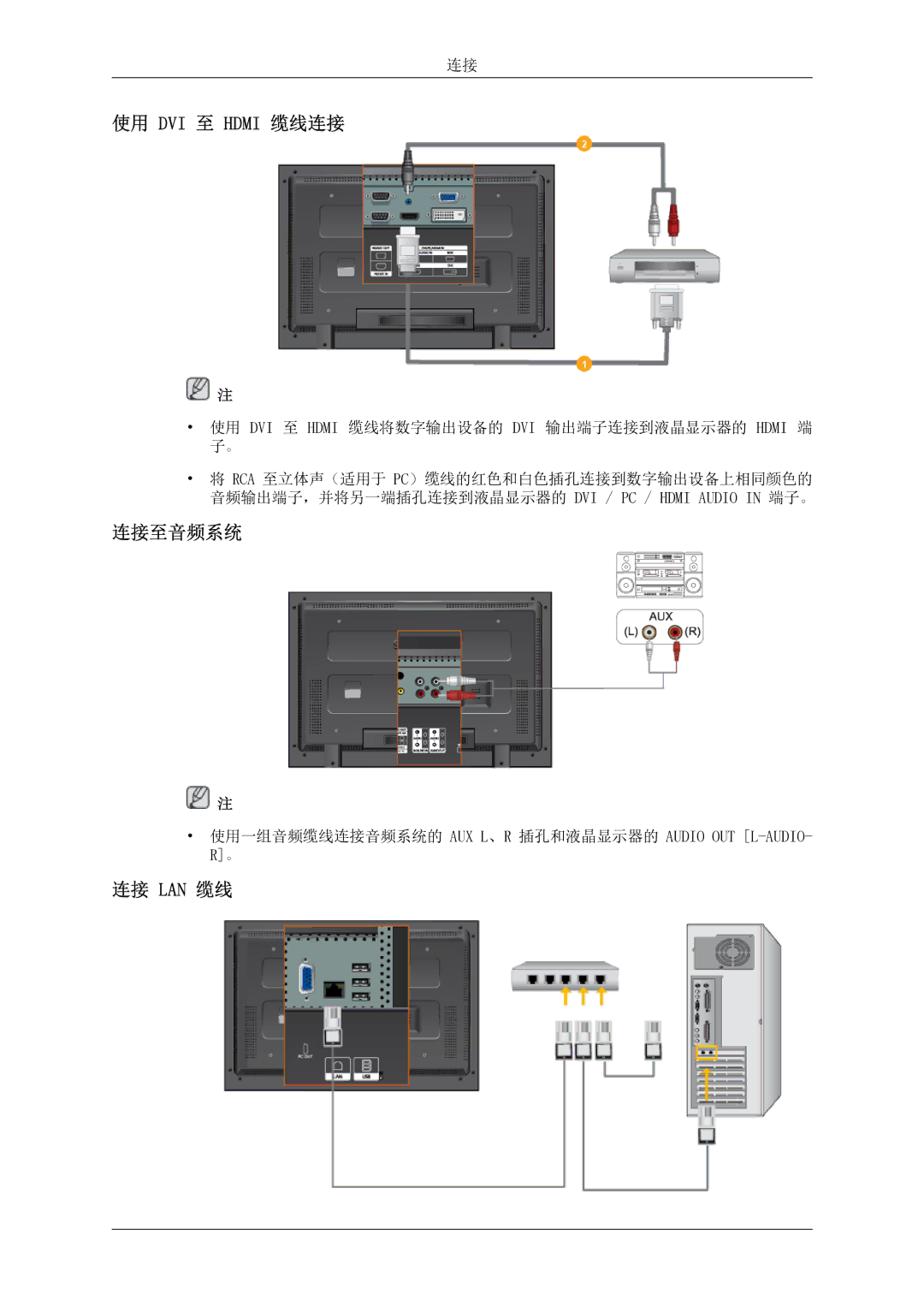 Samsung LH52BPTLBC/EN, LH52BPPLBC/EN manual 使用 DVI 至 Hdmi 缆线连接, 连接至音频系统, 连接 Lan 缆线 