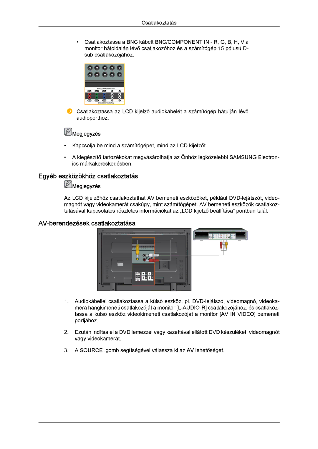 Samsung LH52BPTLBC/EN, LH52BPPLBC/EN manual Egyéb eszközökhöz csatlakoztatás, AV-berendezések csatlakoztatása 