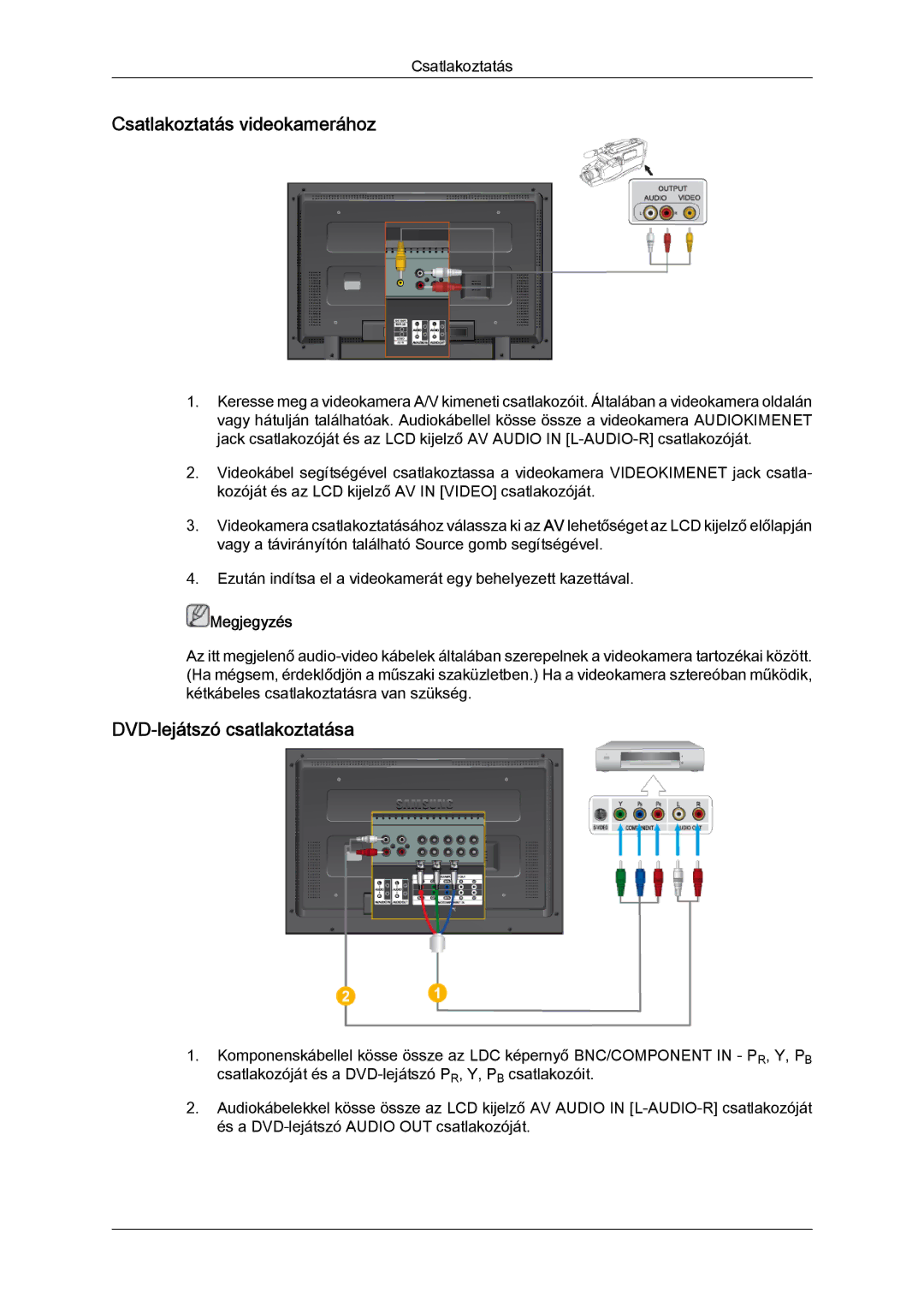 Samsung LH52BPPLBC/EN, LH52BPTLBC/EN manual Csatlakoztatás videokamerához, DVD-lejátszó csatlakoztatása 