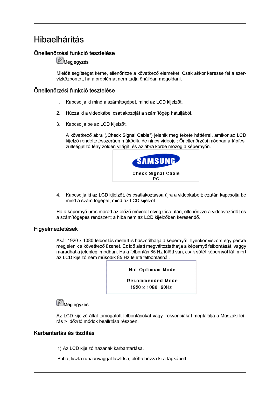 Samsung LH52BPPLBC/EN, LH52BPTLBC/EN manual Önellenőrzési funkció tesztelése, Figyelmeztetések, Karbantartás és tisztítás 