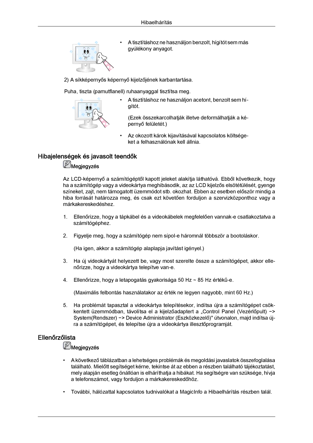 Samsung LH52BPTLBC/EN, LH52BPPLBC/EN manual Hibajelenségek és javasolt teendők, Ellenőrzőlista 