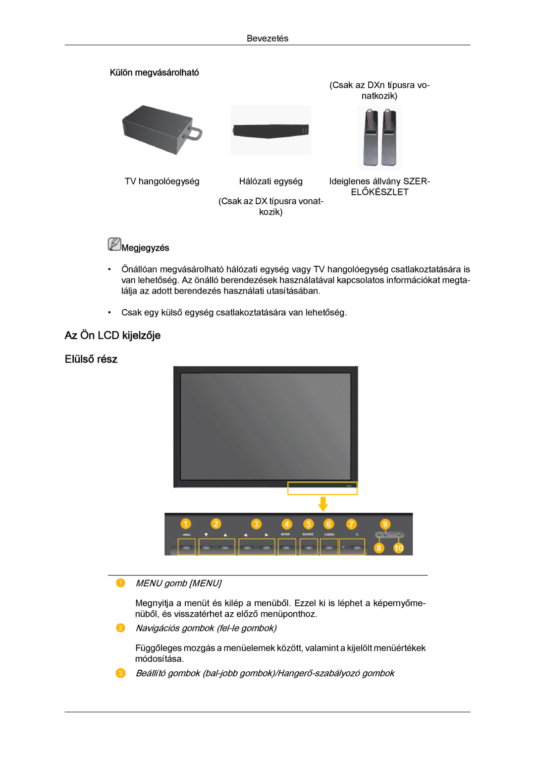 Samsung LH52BPTLBC/EN, LH52BPPLBC/EN manual Az Ön LCD kijelzője Elülső rész, Menu gomb Menu, Navigációs gombok fel-le gombok 