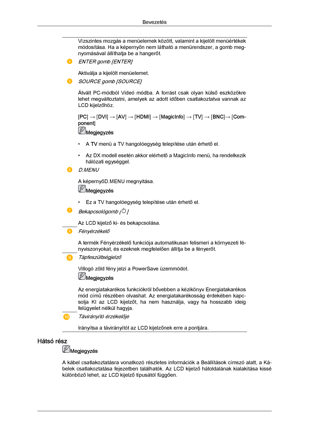 Samsung LH52BPPLBC/EN, LH52BPTLBC/EN manual Hátsó rész, Menu 