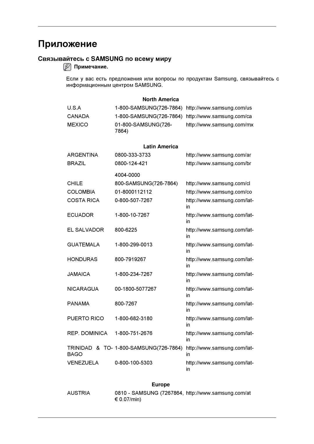 Samsung LH52BPTLBC/EN, LH52BPPLBC/EN manual Связывайтесь с Samsung по всему миру, North America, Latin America, Europe 