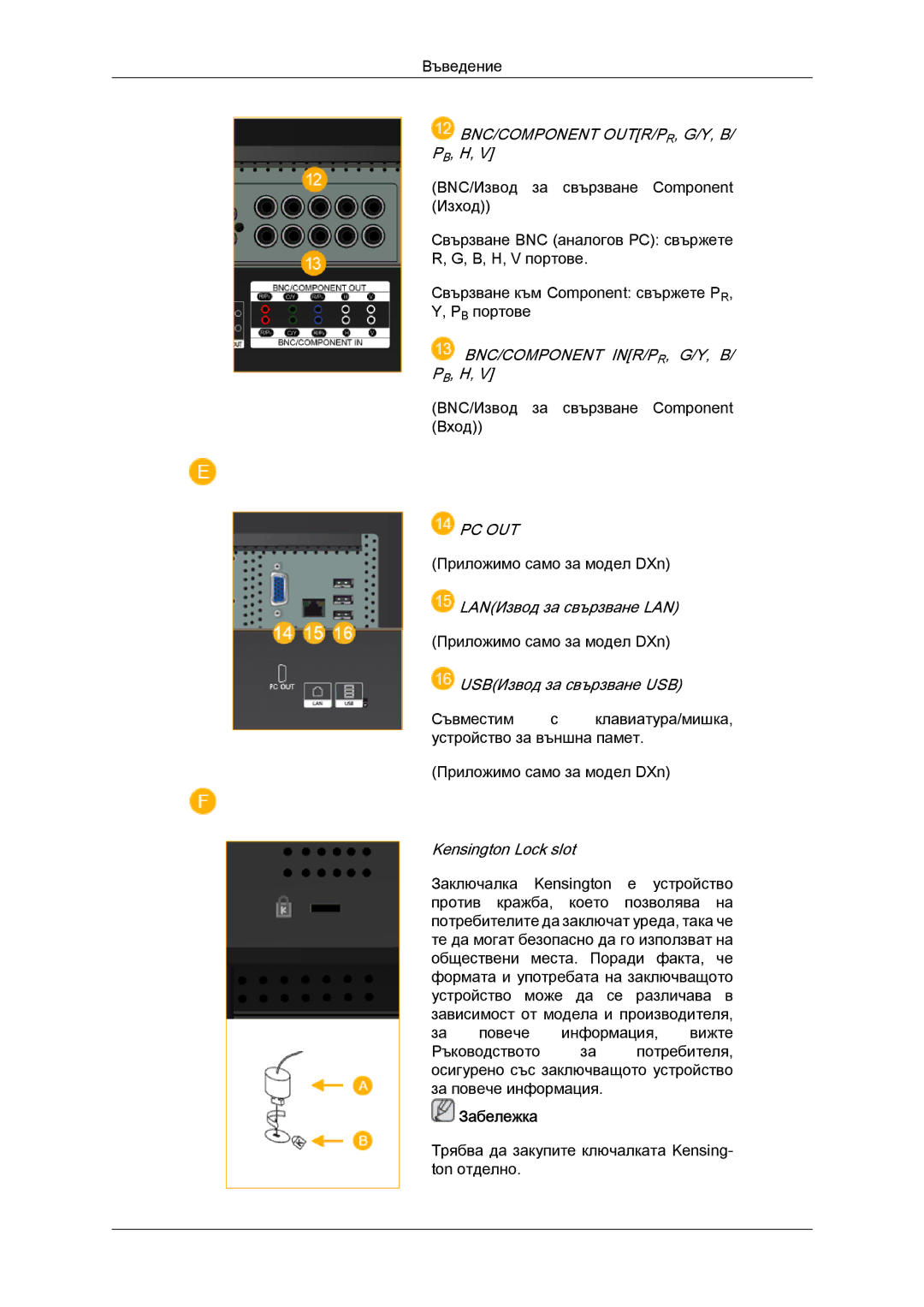 Samsung LH52BPTLBC/EN manual Bnc/Component Inr/Pr, G/Y, B/ Pb, H 