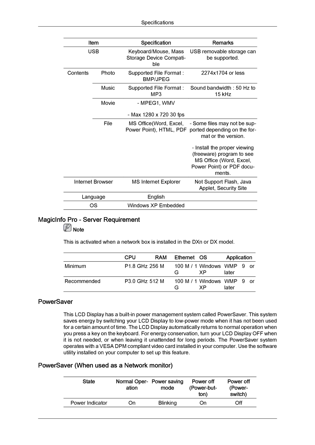 Samsung LH52BPPLBC/XY, LH52BPTMBC/EN manual MagicInfo Pro Server Requirement, PowerSaver When used as a Network monitor 