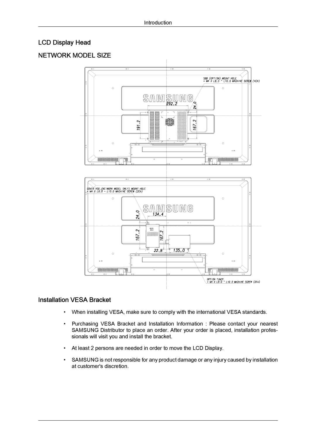 Samsung LH52BPTABC/XY, LH52BPTMBC/EN, LH52BPULBC/EN, LH52BPQLBC/EN, LH52BPTLBC/EN LCD Display Head, Installation Vesa Bracket 