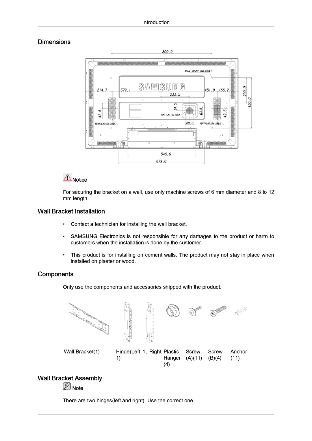 Samsung LH52BPQLBC/NG, LH52BPTMBC/EN manual Dimensions, Wall Bracket Installation, Components, Wall Bracket Assembly 