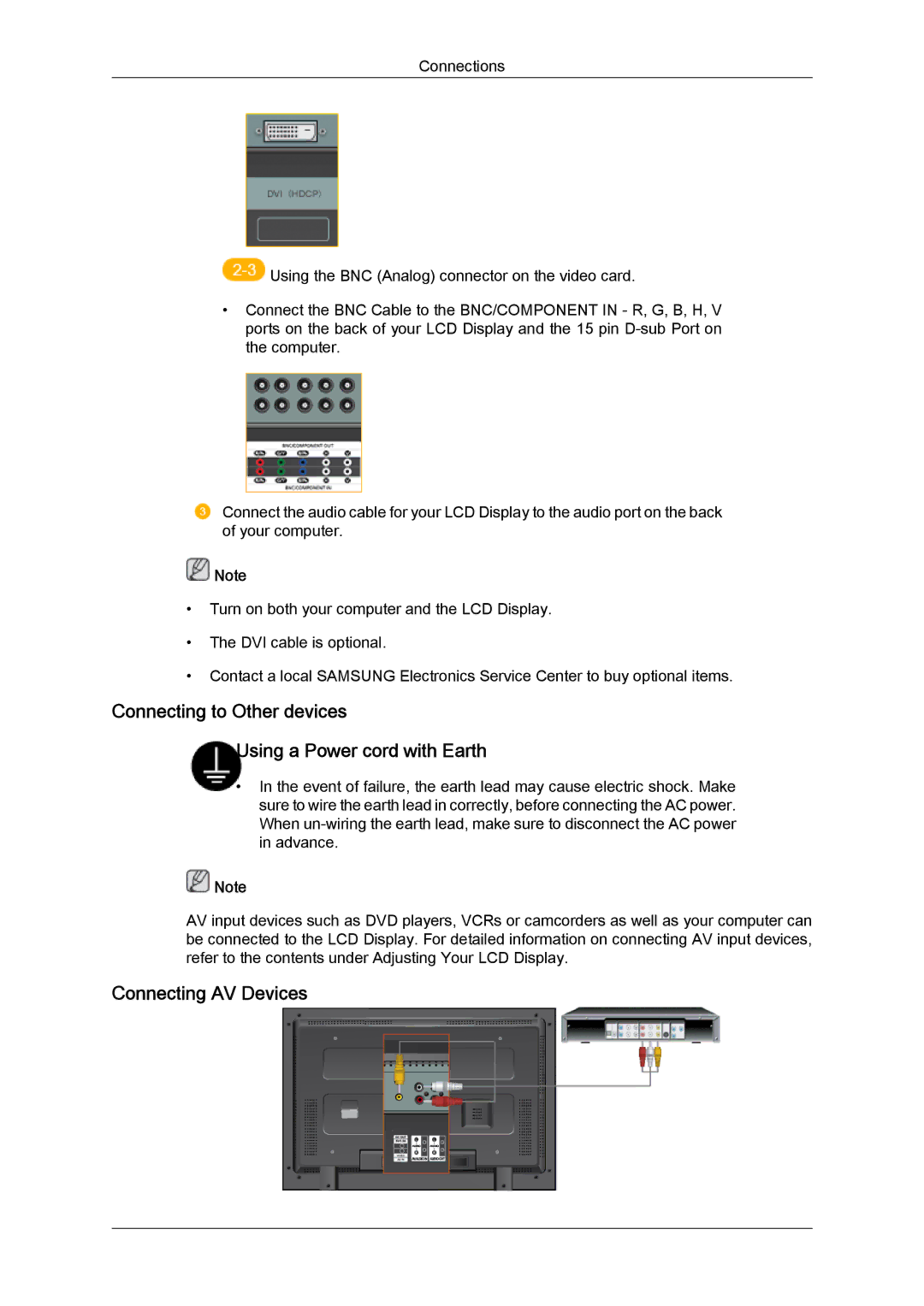 Samsung LH52BPULBC/EN, LH52BPTMBC/EN manual Connecting to Other devices Using a Power cord with Earth, Connecting AV Devices 