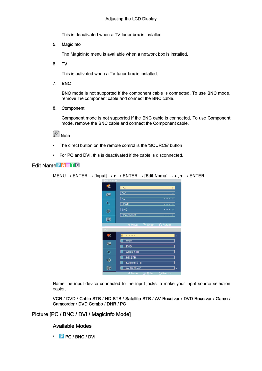 Samsung LH52BPPLBC/ZB, LH52BPTMBC/EN, LH52BPULBC/EN Edit Name, Picture PC / BNC / DVI / MagicInfo Mode Available Modes, Bnc 