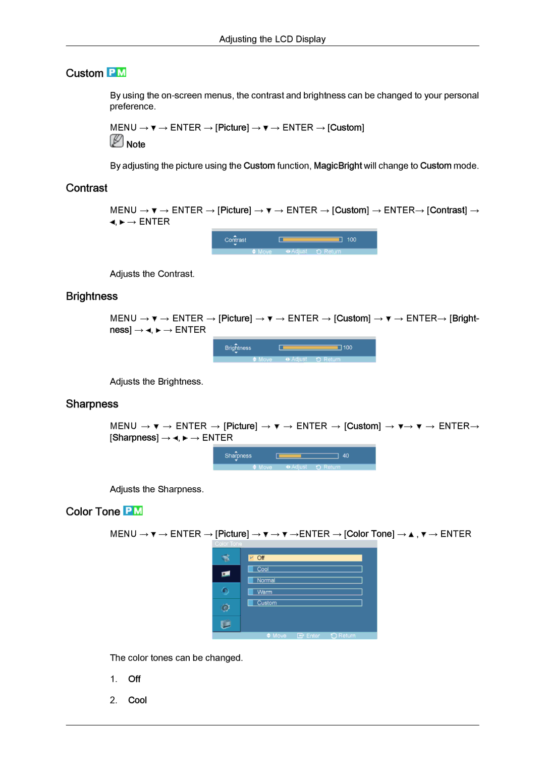 Samsung LH52BPULBC/NG, LH52BPTMBC/EN, LH52BPULBC/EN, LH52BPQLBC/EN manual Custom, Contrast, Brightness, Sharpness, Color Tone 