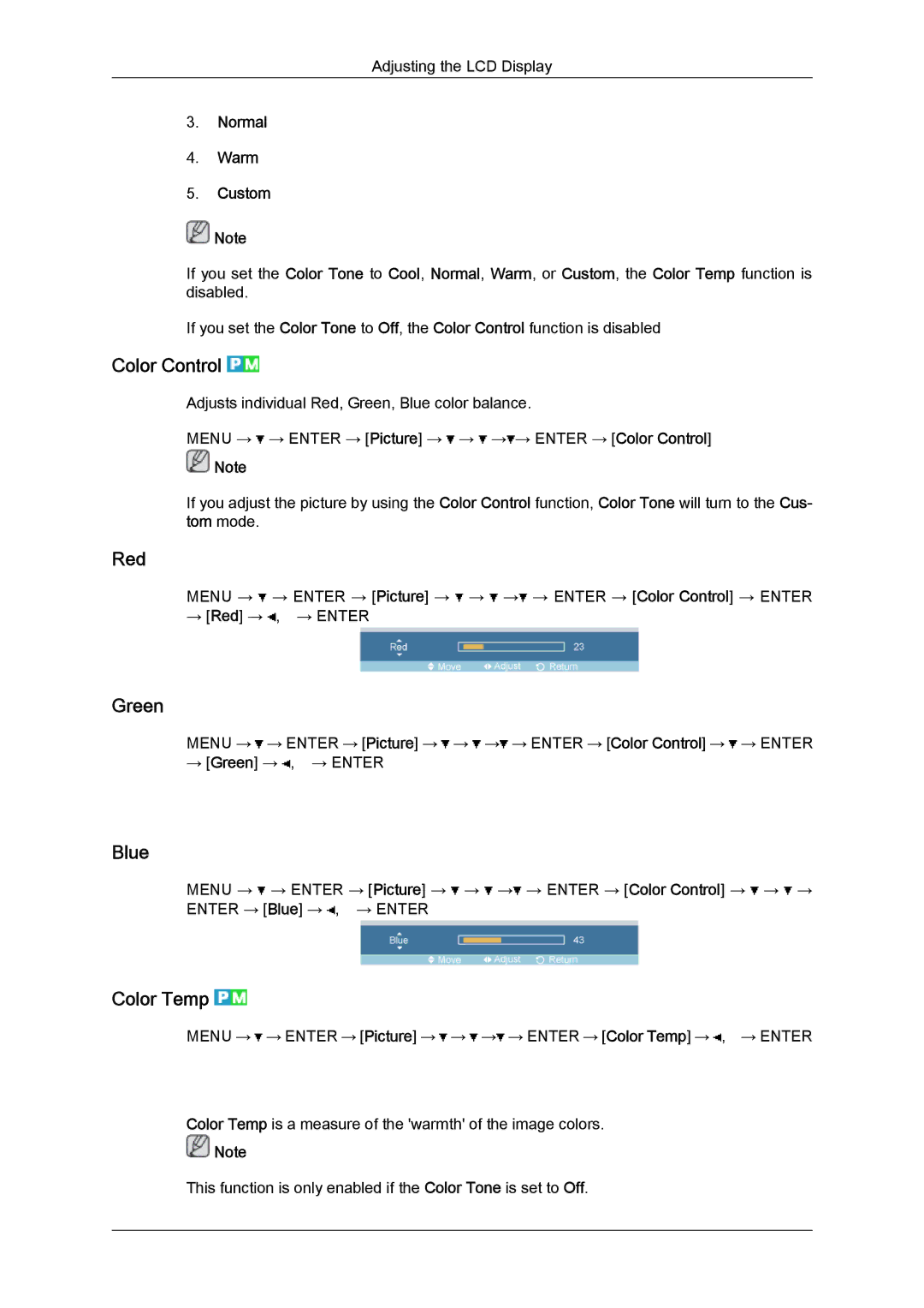 Samsung LH52BPTMBC/EN, LH52BPULBC/EN, LH52BPQLBC/EN, LH52BPTLBC/EN, LH52BPPLBC/EN Color Control, Red, Green, Blue, Color Temp 