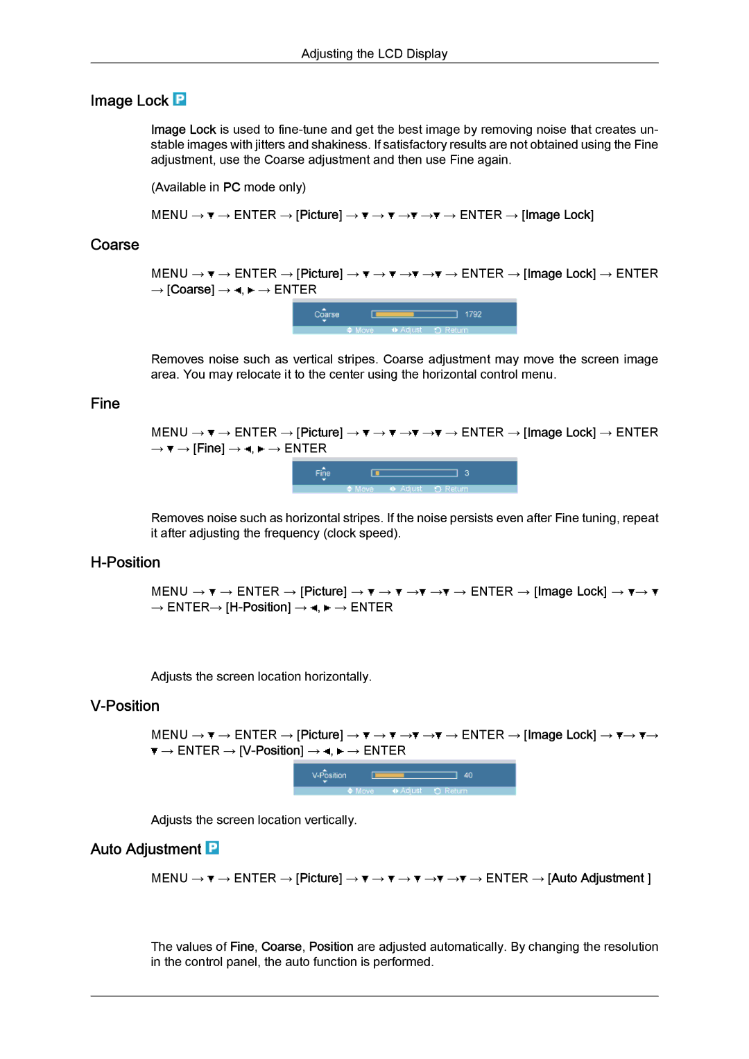 Samsung LH52BPULBC/EN, LH52BPTMBC/EN, LH52BPQLBC/EN, LH52BPTLBC/EN manual Image Lock, Coarse, Fine, Position, Auto Adjustment 