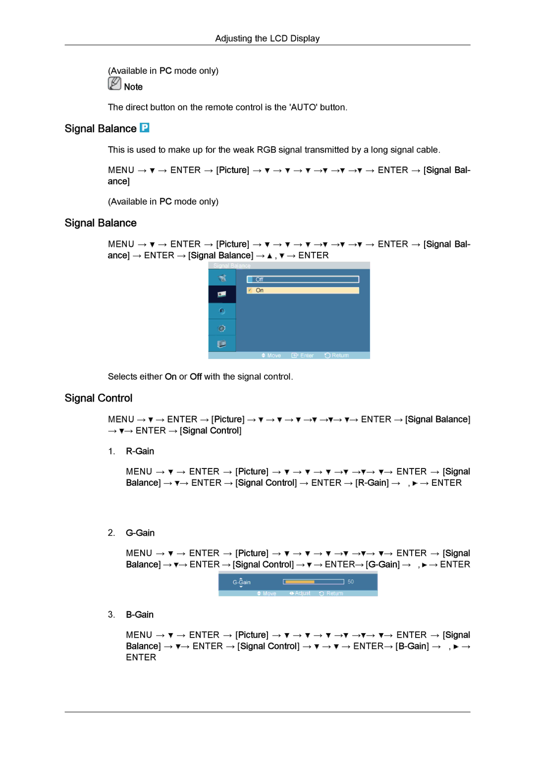 Samsung LH52BPQLBC/EN, LH52BPTMBC/EN, LH52BPULBC/EN, LH52BPTLBC/EN manual Signal Balance, → → Enter → Signal Control Gain 