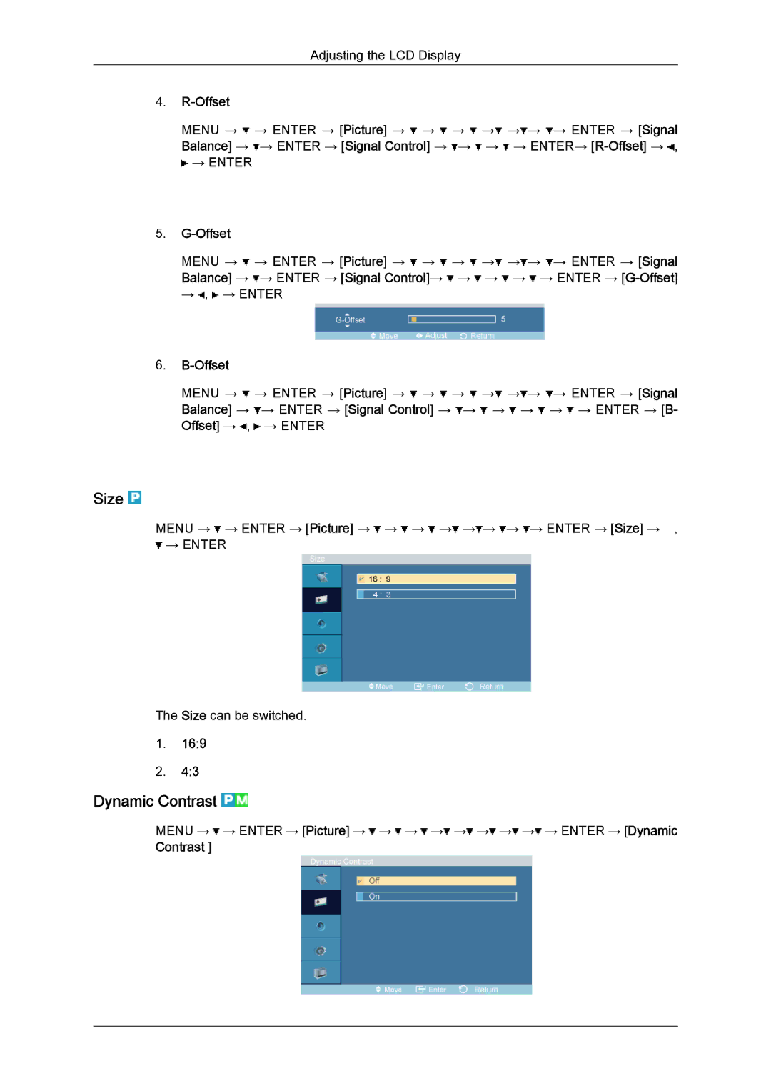 Samsung LH52BPTLBC/EN, LH52BPTMBC/EN, LH52BPULBC/EN, LH52BPQLBC/EN, LH52BPPLBC/EN manual Size, Dynamic Contrast, Offset 