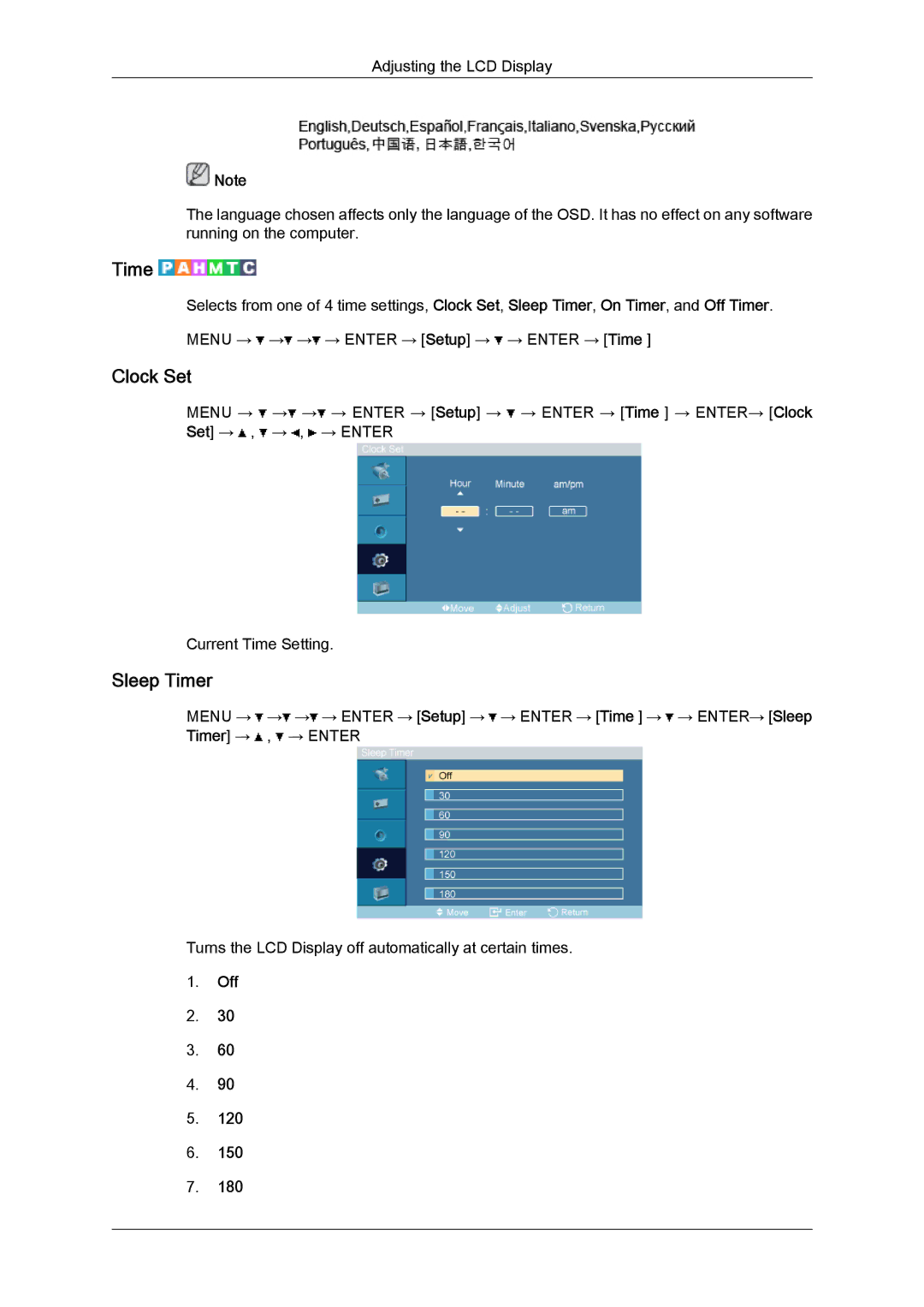 Samsung LH52BPULBC/NG, LH52BPTMBC/EN, LH52BPULBC/EN, LH52BPQLBC/EN, LH52BPTLBC/EN, LH52BPPLBC/EN Clock Set, Sleep Timer 