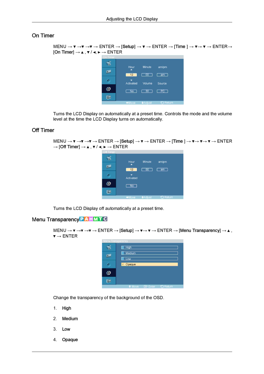 Samsung LH52BPTMBC/EN, LH52BPULBC/EN, LH52BPQLBC/EN manual On Timer, Off Timer, Menu Transparency, High Medium Low Opaque 