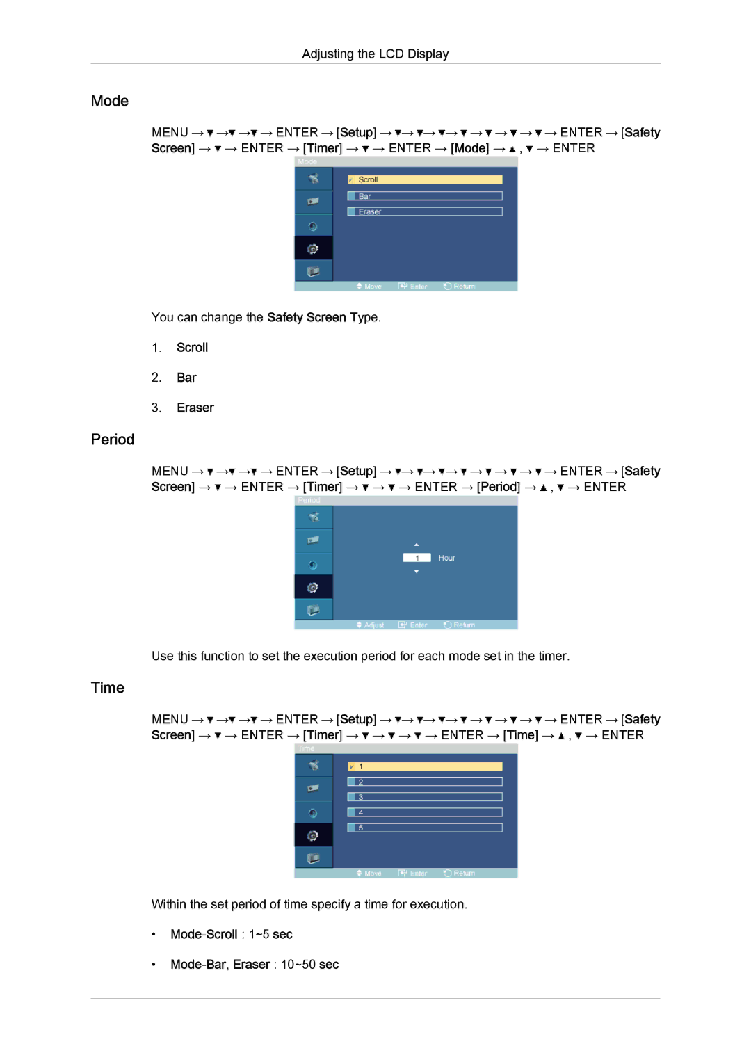 Samsung LH52BPTLBC/XY, LH52BPTMBC/EN manual Period, Scroll Bar Eraser, Mode-Scroll 1~5 sec Mode-Bar,Eraser 10~50 sec 