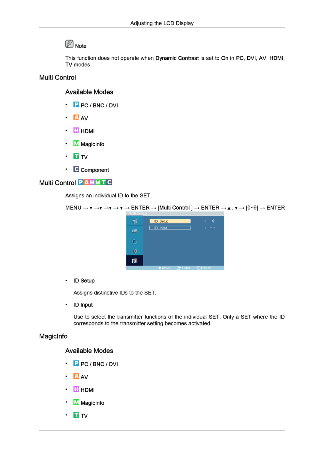 Samsung LH52BPPLBC/ZB, LH52BPTMBC/EN manual Multi Control Available Modes, MagicInfo Available Modes, ID Setup, ID Input 