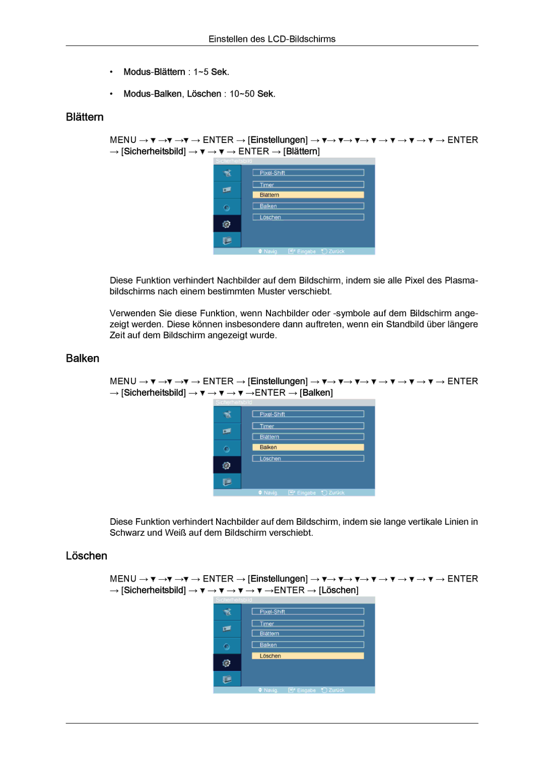 Samsung LH52BPQLBC/EN, LH52BPTMBC/EN, LH52BPULBC/EN, LH52BPTLBC/EN, LH52BPPLBC/EN manual Blättern, Balken, Löschen 