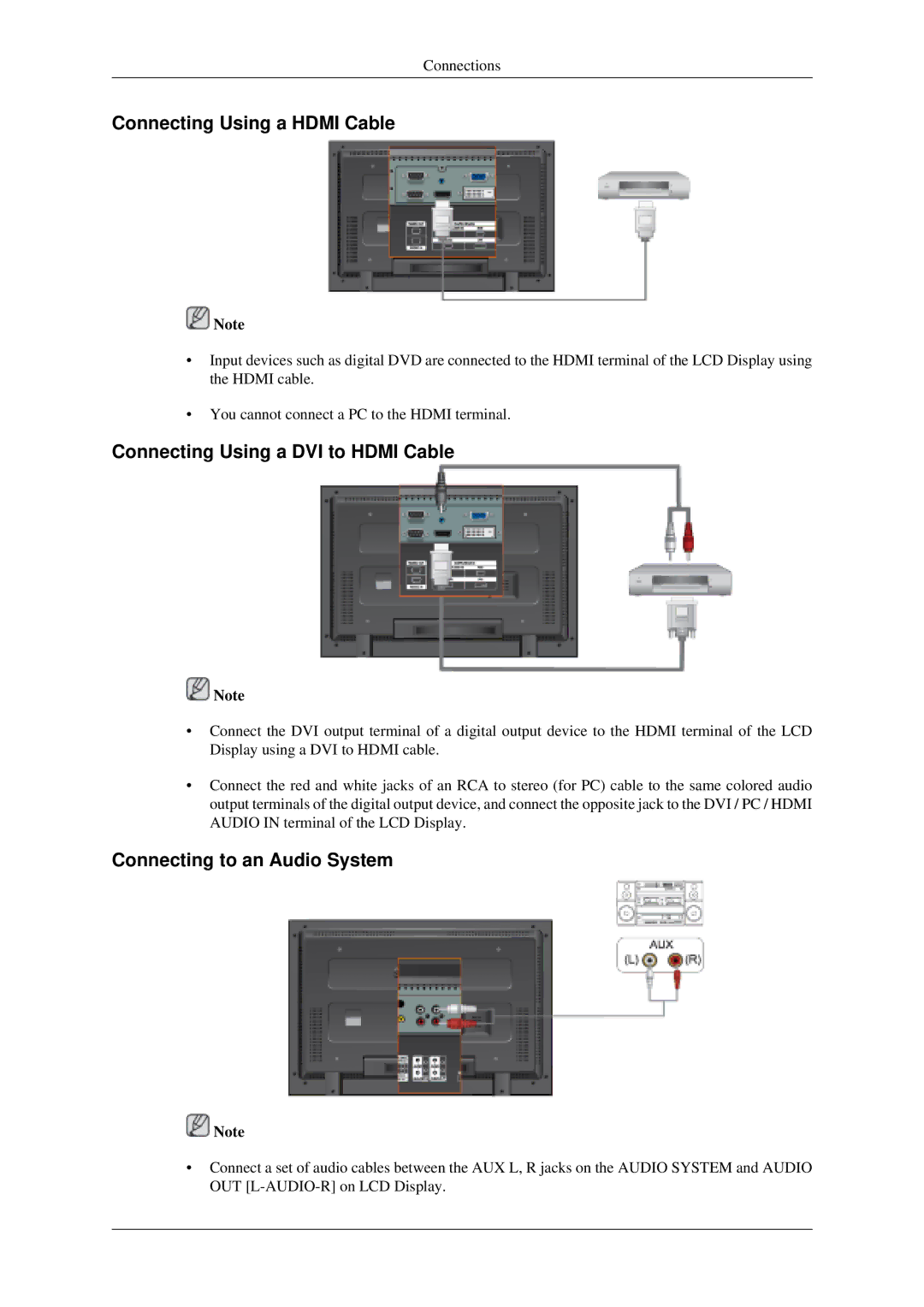 Samsung LH52BPTMBC/EN Connecting Using a Hdmi Cable, Connecting Using a DVI to Hdmi Cable, Connecting to an Audio System 