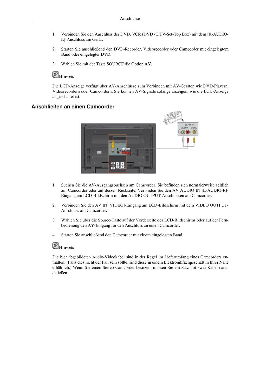 Samsung LH52BPQLBC/EN, LH52BPTMBC/EN, LH52BPULBC/EN, PH42KPPLBC/EN, LH52BPTLBC/EN manual Anschließen an einen Camcorder 