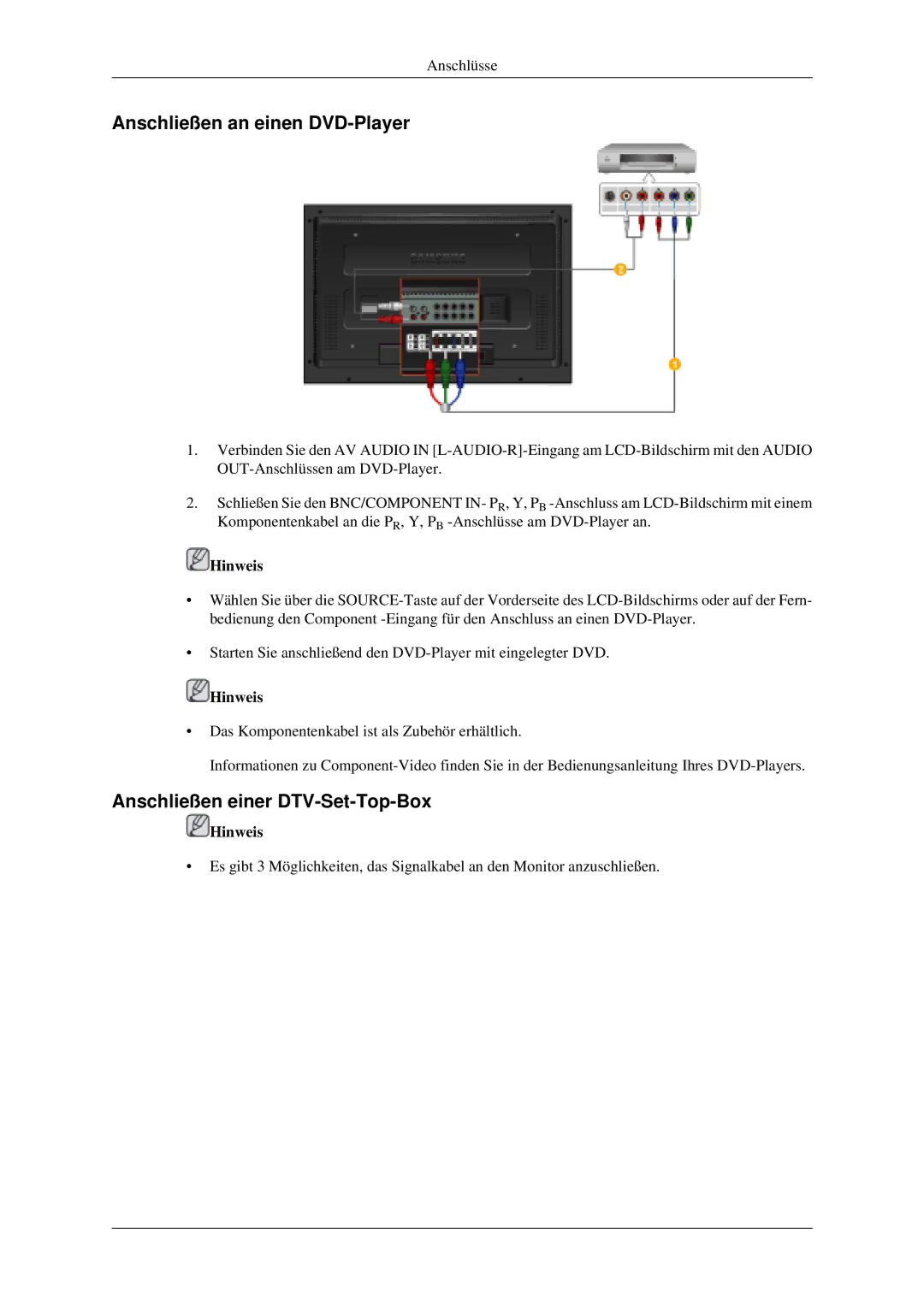 Samsung PH42KPPLBC/EN, LH52BPTMBC/EN, LH52BPULBC/EN manual Anschließen an einen DVD-Player, Anschließen einer DTV-Set-Top-Box 