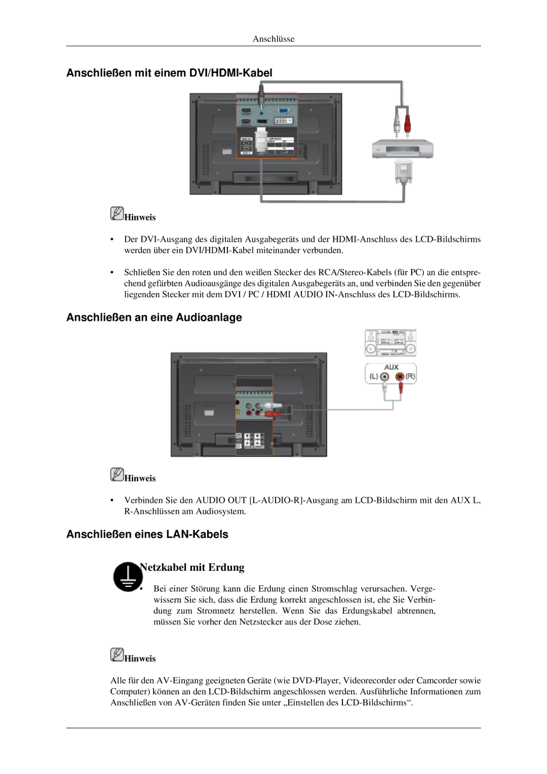 Samsung LH52BPPLBC/EN Anschließen mit einem DVI/HDMI-Kabel, Anschließen an eine Audioanlage, Anschließen eines LAN-Kabels 