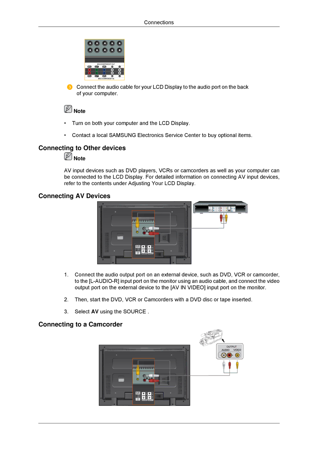 Samsung LH52BPTLBC/EN, LH52BPULBC/EN manual Connecting to Other devices, Connecting AV Devices, Connecting to a Camcorder 