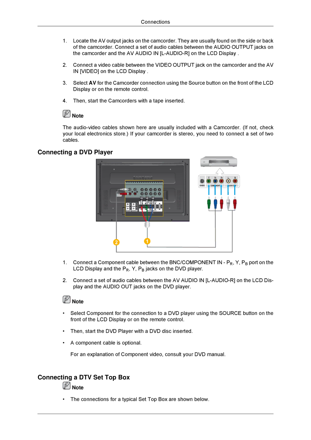 Samsung LH52BPPLBC/EN, LH52BPULBC/EN, LH52BPQLBC/EN, LH52BPTLBC/EN Connecting a DVD Player, Connecting a DTV Set Top Box 