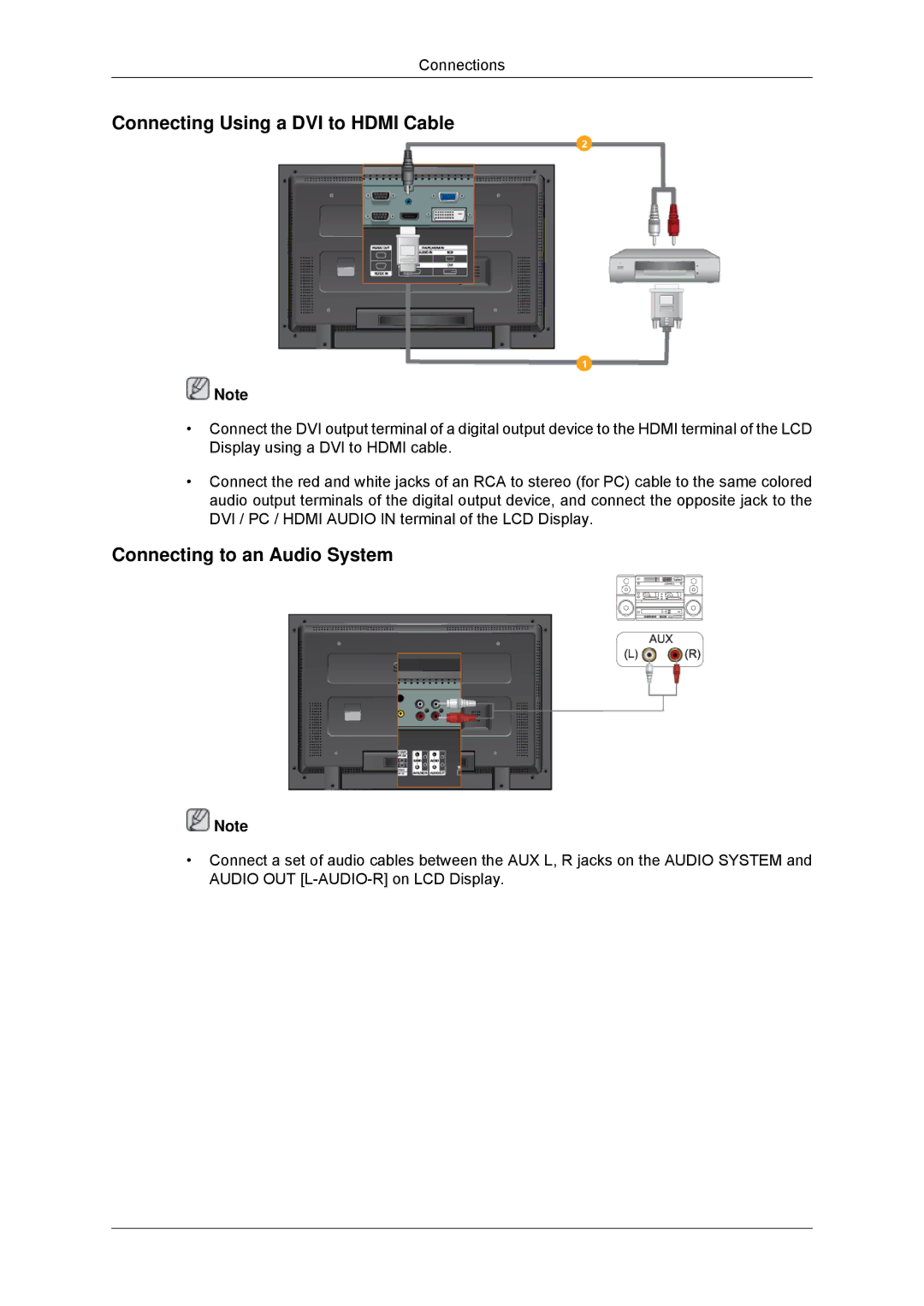 Samsung LH52BPTLBC/XY, LH52BPULBC/EN, LH52BPQLBC/EN Connecting Using a DVI to Hdmi Cable, Connecting to an Audio System 