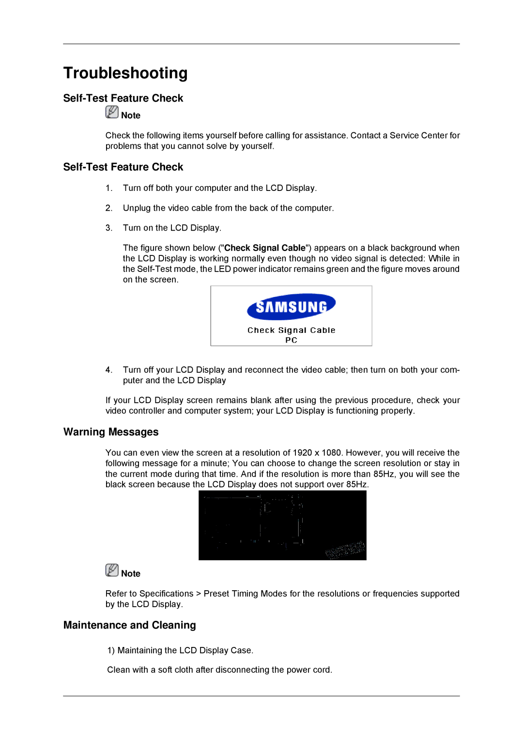 Samsung LH52BPQLBC/NG, LH52BPULBC/EN, LH52BPQLBC/EN, LH52BPTLBC/EN manual Self-Test Feature Check, Maintenance and Cleaning 