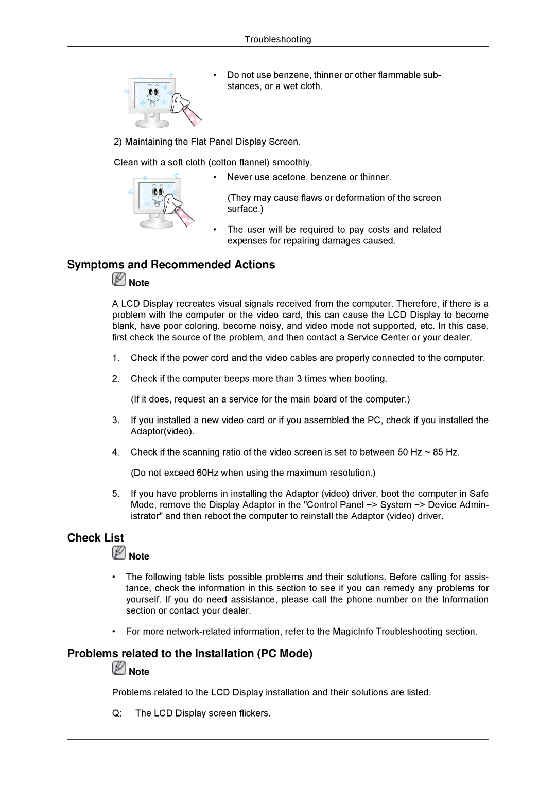 Samsung LH52BPULBC/XY manual Symptoms and Recommended Actions, Check List, Problems related to the Installation PC Mode 