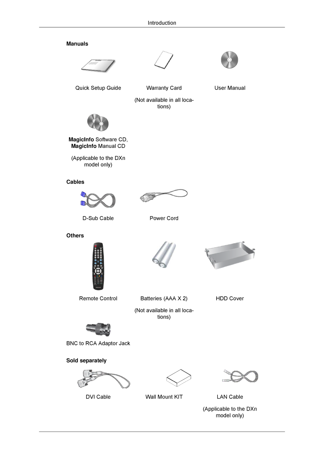 Samsung LH52BPPLBC/EN, LH52BPULBC/EN, LH52BPQLBC/EN manual Manuals, MagicInfo Manual CD, Cables, Others, Sold separately 