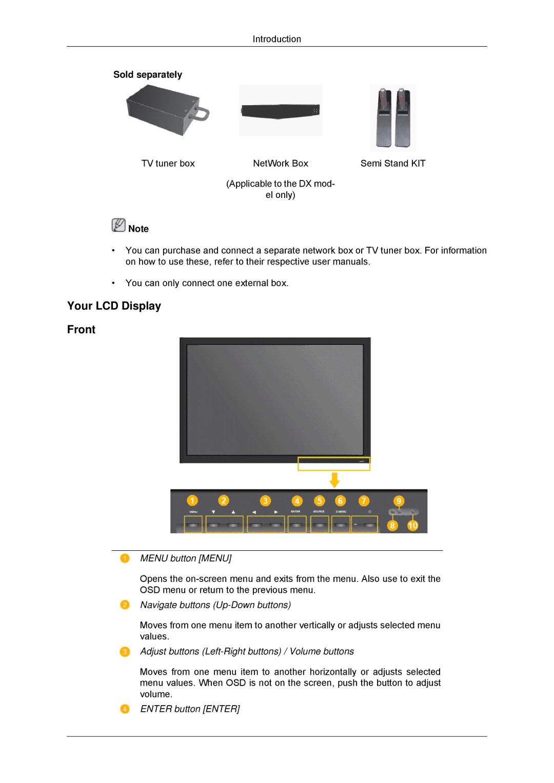 Samsung LH52BPPLBC/XY manual Your LCD Display Front, Menu button Menu, Navigate buttons Up-Down buttons, Enter button Enter 