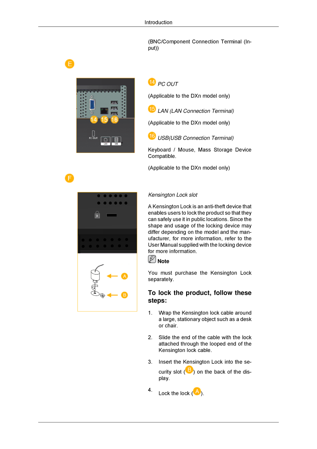 Samsung LH52BPULBC/XY To lock the product, follow these steps, Pc Out, LAN LAN Connection Terminal, Kensington Lock slot 