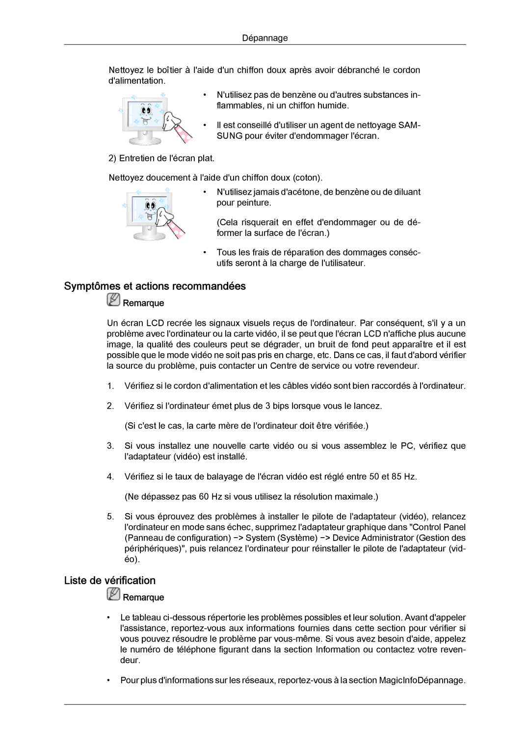 Samsung LH52BPULBC/EN, LH52BPQLBC/EN, LH52BPTLBC/EN, LH52BPPLBC/EN Symptômes et actions recommandées, Liste de vérification 