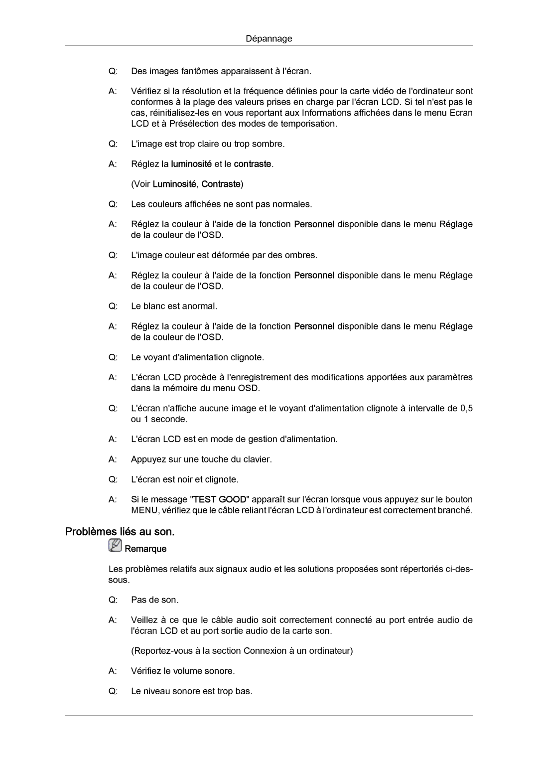 Samsung LH52BPTLBC/EN, LH52BPULBC/EN, LH52BPQLBC/EN, LH52BPPLBC/EN manual Problèmes liés au son 