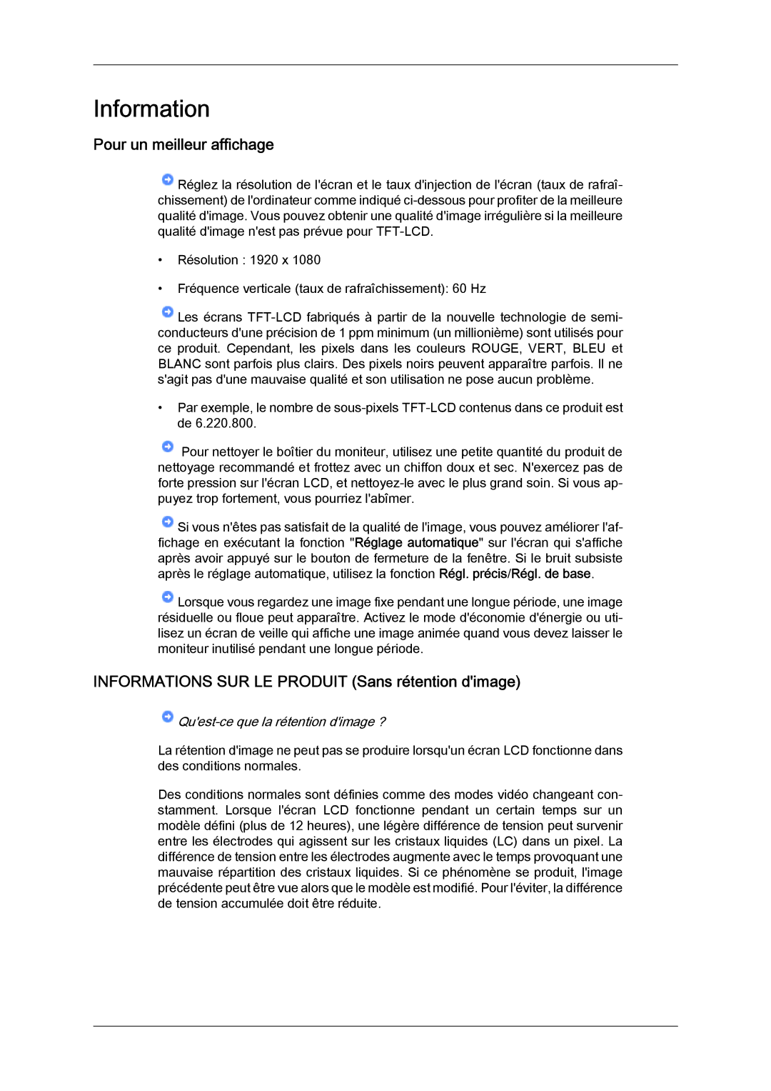 Samsung LH52BPTLBC/EN, LH52BPULBC/EN manual Pour un meilleur affichage, Informations SUR LE Produit Sans rétention dimage 