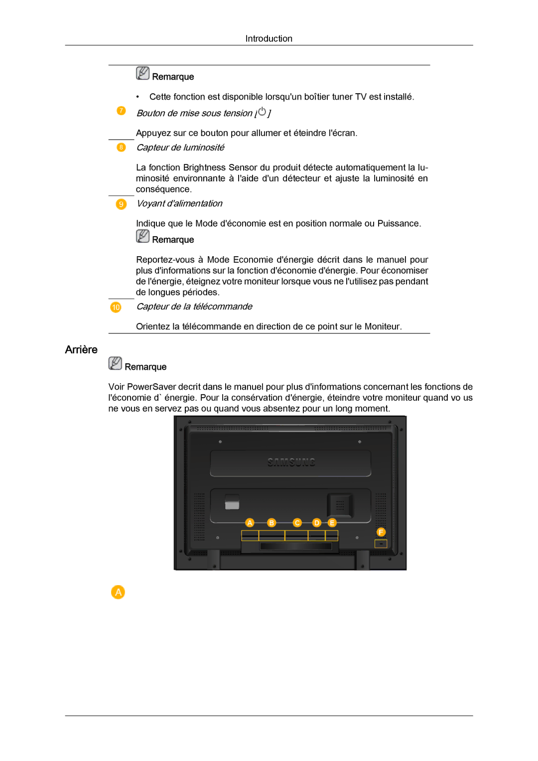 Samsung LH52BPQLBC/EN, LH52BPULBC/EN, LH52BPTLBC/EN, LH52BPPLBC/EN manual Arrière, Capteur de luminosité 