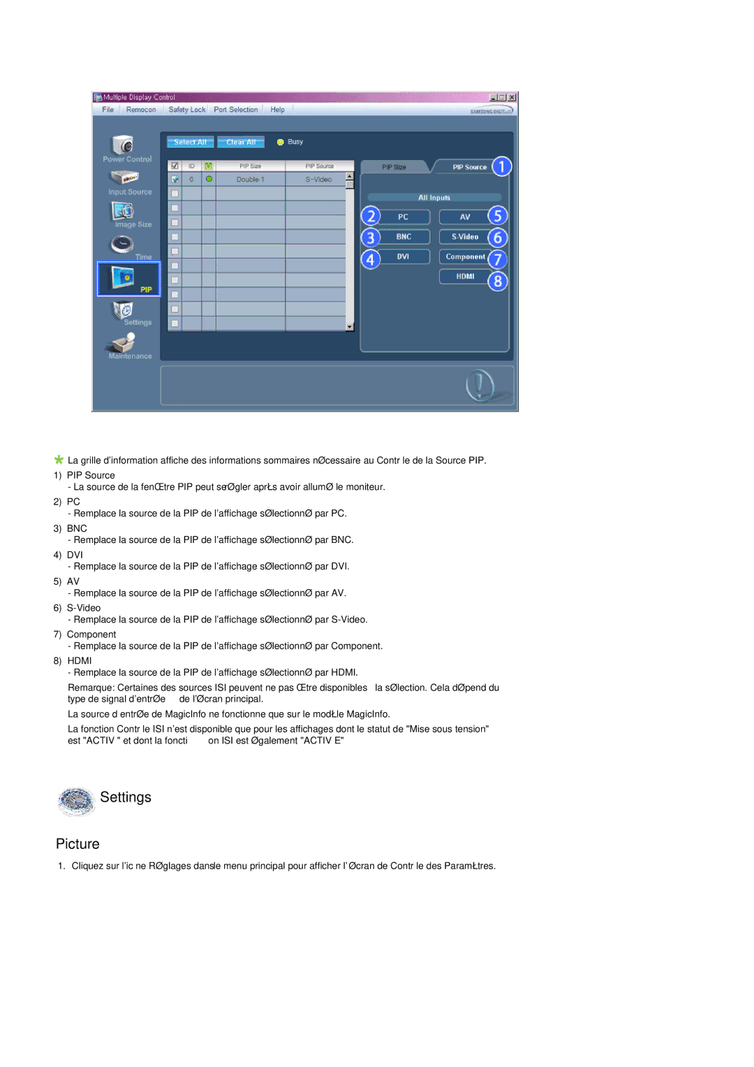 Samsung LH52BPQLBC/EN, LH52BPULBC/EN, LH52BPTLBC/EN, LH52BPPLBC/EN manual Settings Picture 