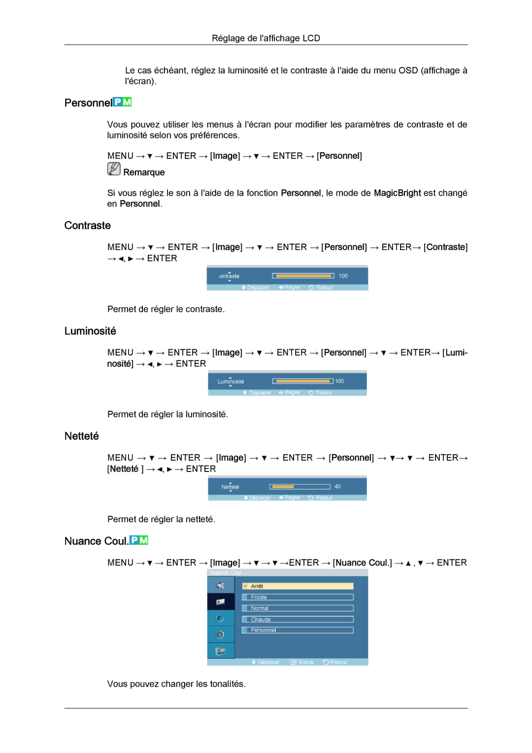 Samsung LH52BPQLBC/EN, LH52BPULBC/EN, LH52BPTLBC/EN, LH52BPPLBC/EN Personnel, Contraste, Luminosité, Netteté, Nuance Coul 