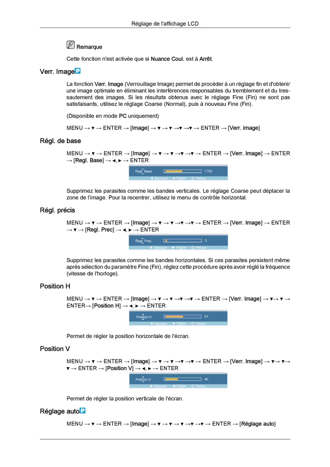 Samsung LH52BPPLBC/EN, LH52BPULBC/EN, LH52BPQLBC/EN manual Verr. Image, Régl. de base, Régl. précis, Position H, Réglage auto 