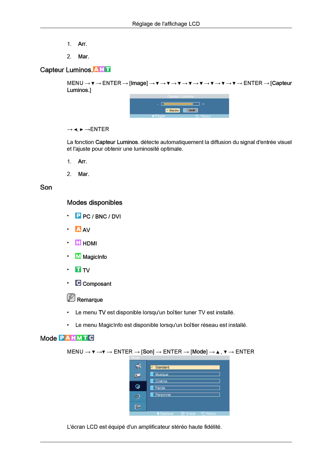 Samsung LH52BPPLBC/EN, LH52BPULBC/EN, LH52BPQLBC/EN, LH52BPTLBC/EN manual Capteur Luminos, Son Modes disponibles 