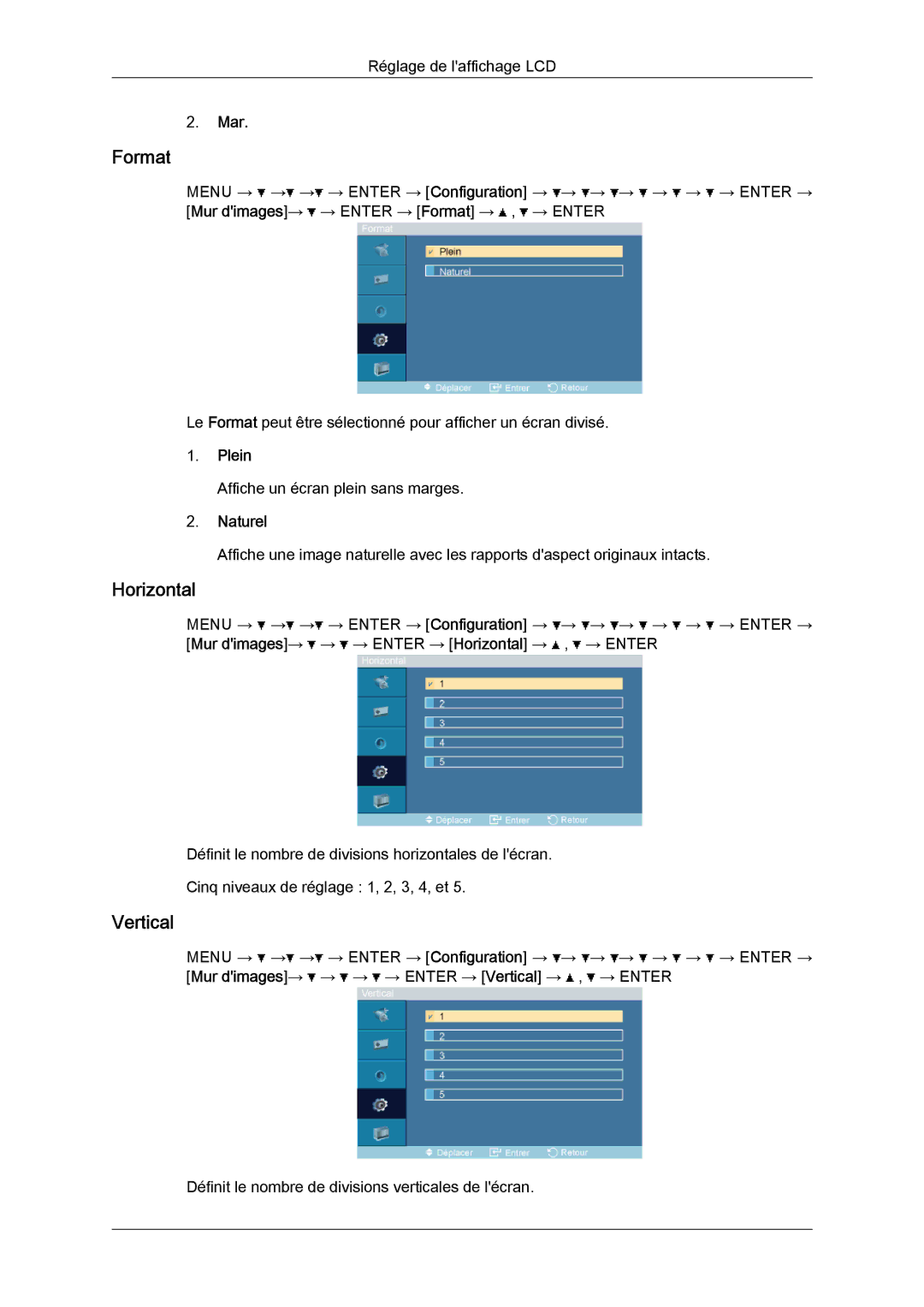 Samsung LH52BPTLBC/EN, LH52BPULBC/EN, LH52BPQLBC/EN, LH52BPPLBC/EN manual Format, Horizontal, Vertical, Plein, Naturel 